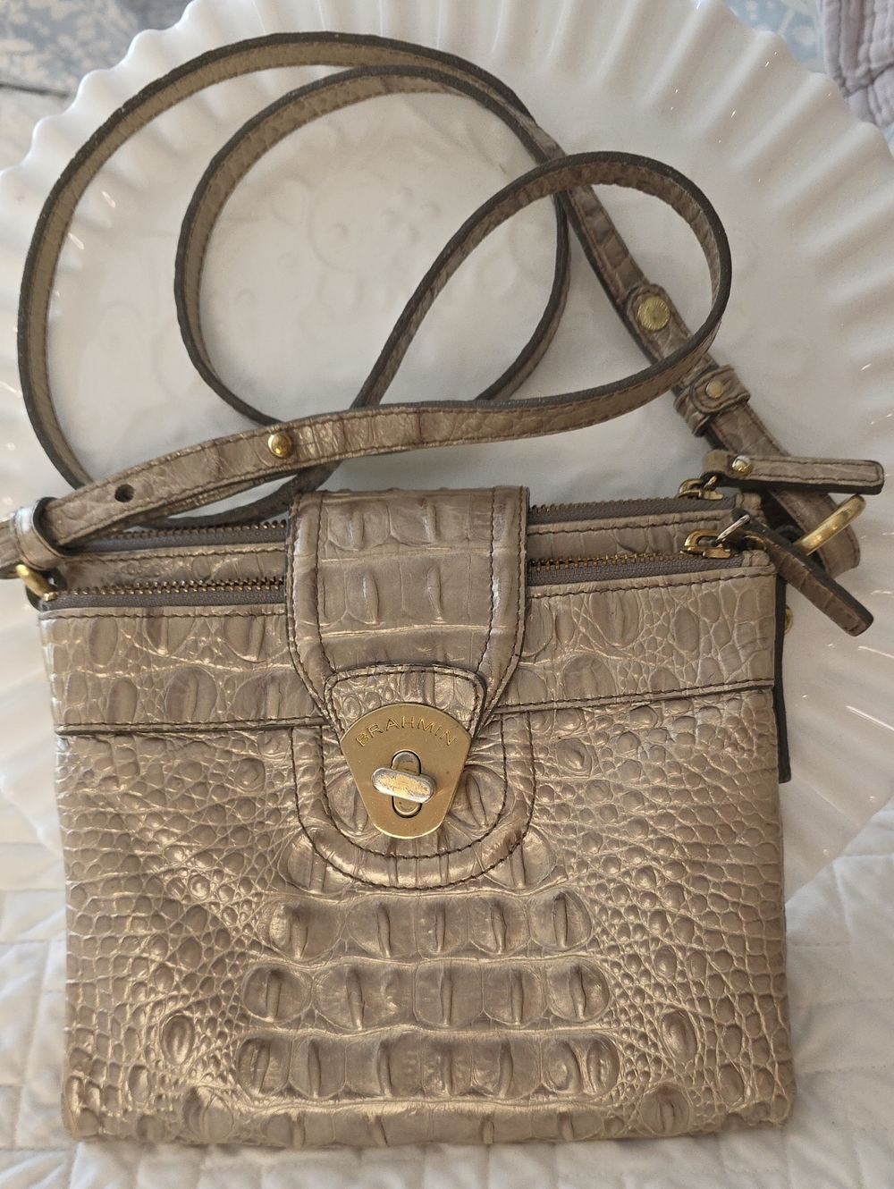Brahmin Metallic Taupe Croc-Embossed Leather Crossbody with Gold Hardware
